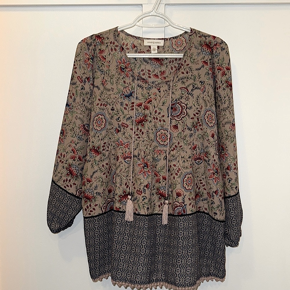 Vintage America Boho Top Womens Large Floral Tasseled Boho